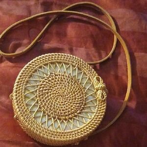 Round Woven Tan Crossbody Bag